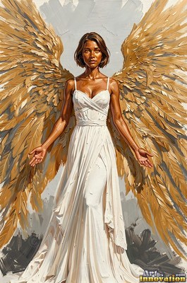 Against a gray background, a woman in a pale white dress stands with wide gold wings