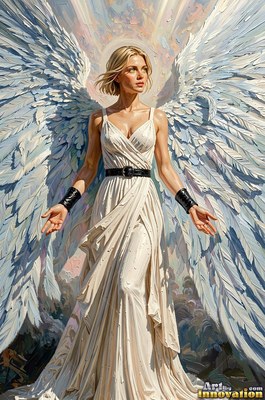 Holding open hands, a blonde winged woman stands in a long simple white dress with a black belt