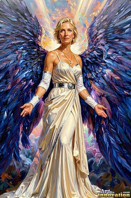 Blonde woman with blue wings in a cream dress