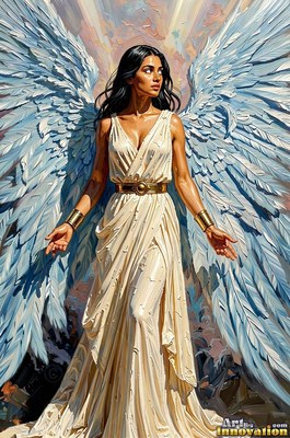 Dressed in a cream gown with a gold belt, a winged woman is standing against soft sky light