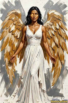 A winged woman stands in a white gown, spreading her gold feathers in bright light