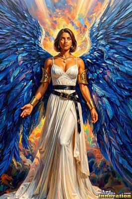 Standing woman facing forward in the sky with blue wings and a white gown