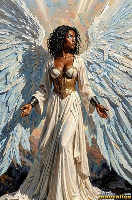 A Black woman with white wings opens her hands in a cream dress and bronze corset