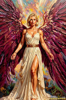 Against a bright sky, a blonde woman stands with purple wings and a cream gown