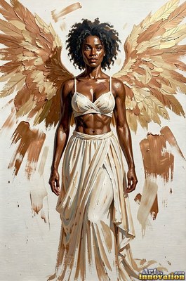 Standing tall, a winged Black woman poses in a white two-piece dress with gold paint strokes
