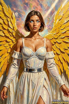 A woman with yellow wings stands in a plain white dress