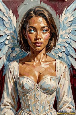 In a white corset dress, a winged woman with bright blue eyes stands before a dark red backdrop