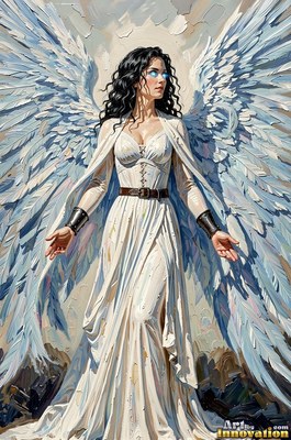A winged woman stands with open hands under soft light that touches her pale dress