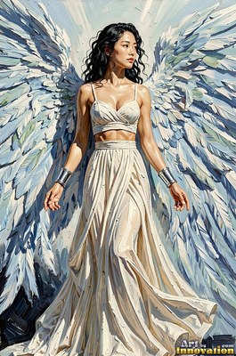 Standing straight against the pale sky, a winged woman wears a plain white dress