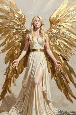 A blonde woman in a cream dress stands with open hands and gold wings