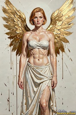 Against a plain backdrop, a muscular woman stands with gold wings