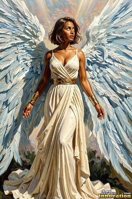 Standing with open white wings, a woman looks aside in a cream dress with gold cuffs
