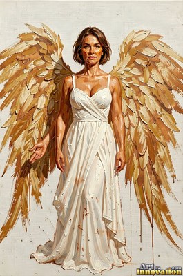 A woman with large tan feathered wings standing in a white dress