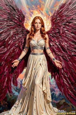 Dressed in a cream gown, a red-haired woman spreads deep purple wings before bright clouds