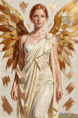 A redheaded woman stands in a cream dress with her painted golden wings spread wide
