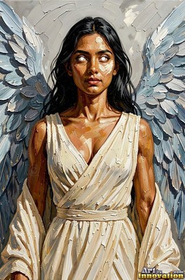 Facing forward against a gray wall, a winged woman stands in a white gown
