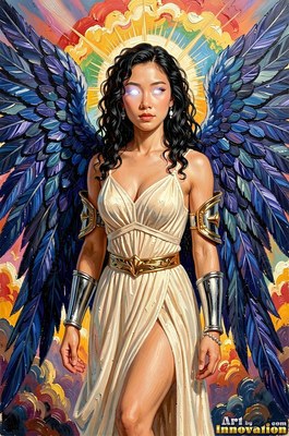 A winged woman dressed in a simple white dress stands with bright white eyes under clouds