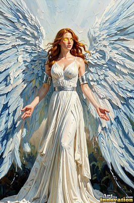 Under bright sky, a winged woman wearing a white gown opens her hands wide
