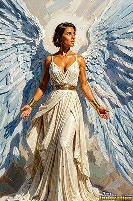 Spreading large white wings, a woman stands in a pale dress with gold cuffs
