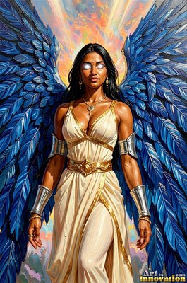Woman in a white dress with blue wings standing tall
