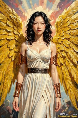 A dark-haired woman in a simple white dress with bright yellow wings stands against a sky filled with clouds