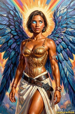 A muscular winged woman stands forward in gold armor under yellow halo light