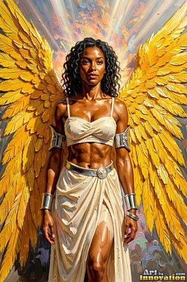 Standing facing forward against the sky, a woman with yellow wings wears white
