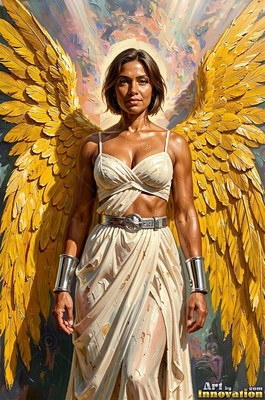 A woman stands with bright yellow wings, wearing a simple white dress and silver cuffs