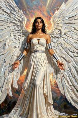 Before a bright sky, an angel woman in a cream dress spreads white feathered wings