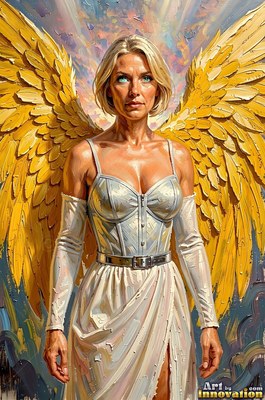 Standing upright, a blonde woman wears a white dress with yellow angel wings