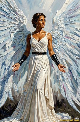 Woman with large white wings in a long white gown with open hands