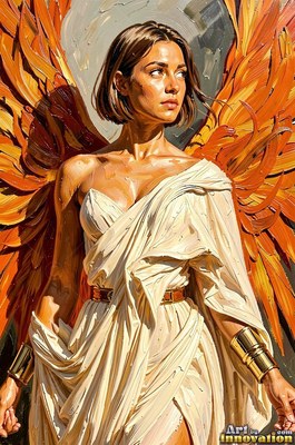 A woman in a draped white dress stands before bright orange wings under pale daylight