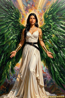 A winged woman in a plain white dress opens her hands beneath bright yellow beams