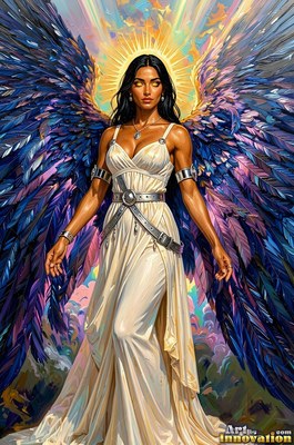 Standing front view, a winged woman wearing a white gown under a halo of sky