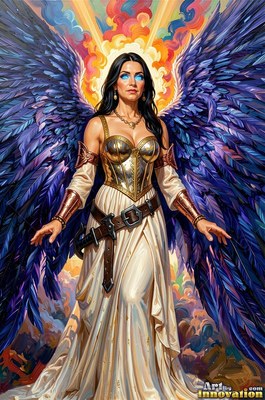 A woman with bright blue eyes and purple wings stands in gold armor and a white dress