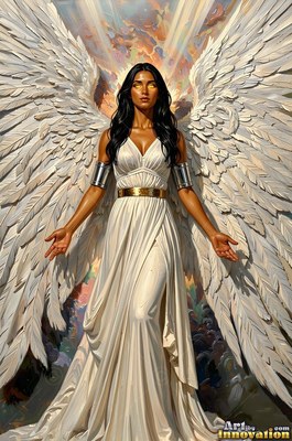 Under bright beams of light, a winged woman in a white gown opens her hands