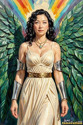 Standing in a white gown, an angel woman spreads her green wings under a rainbow