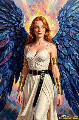 Red-haired winged woman wearing a pale white dress with dark blue wings