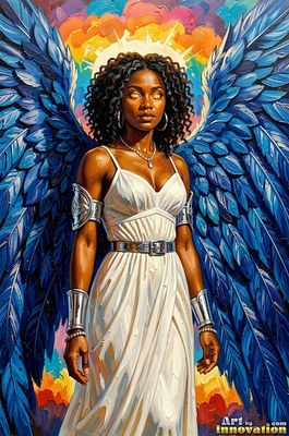 Dressed in a plain white dress, a winged Black woman stands before bright clouds with a halo