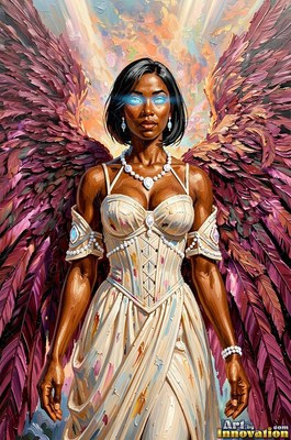 A winged woman is standing forward in a white gown under bright magenta feathers