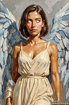 Facing forward, a woman with pale blue wings stands against a gray wall