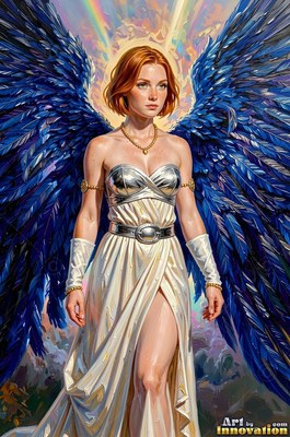 A red-haired woman with bright blue wings wears a white dress under a rainbow sky