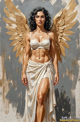Against a gray wall, a muscular woman stands with gold wings in white cloth
