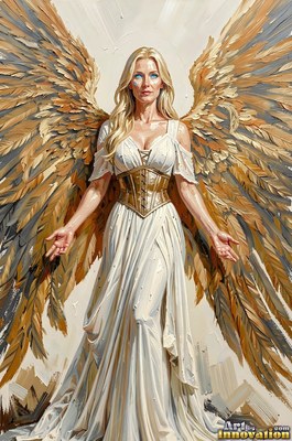 Holding her hands out, a blonde woman stands with broad golden wings in a white gown