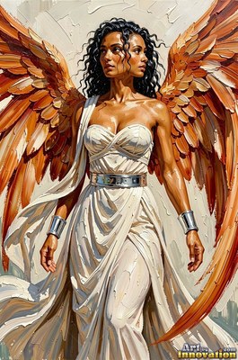 Woman with two faces, large orange wings, and a white dress
