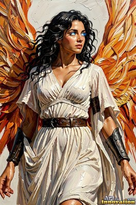 A belted white robe covers a winged woman standing before a pale wall
