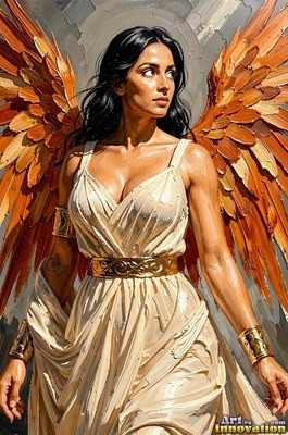 A dark-haired winged woman turns her head, spreading wide feathered wings in warm orange light