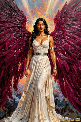 Standing full length in the clouds, a woman has dark red wings and a white gown