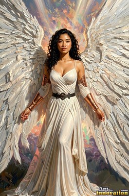 A winged woman wearing a pale white dress stands with open white feather wings