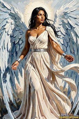 Under bright skies, a winged woman in a flowing cream dress stands with open arms
